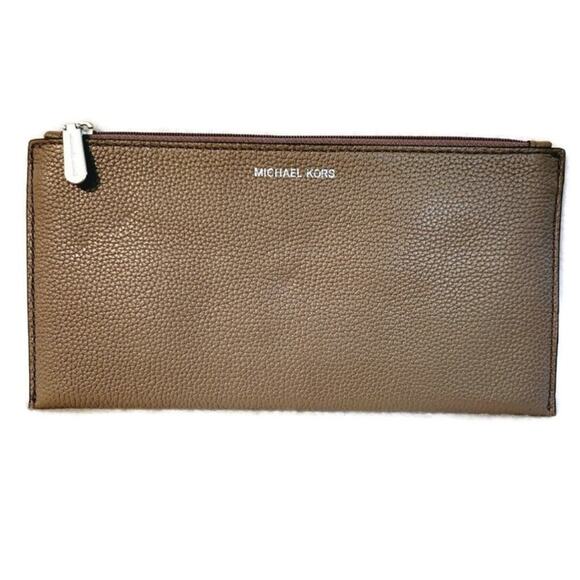 Michael Kors Women's Brown Pebbled Leather Skinny Wallet Clutch - Picture 1 of 8